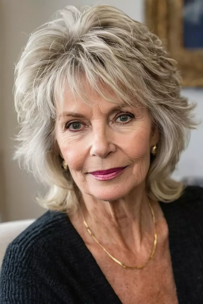 Tousled Blonde Shag A photo of a 64-year-old Mary, tousled blonde shag, angled view, living room background