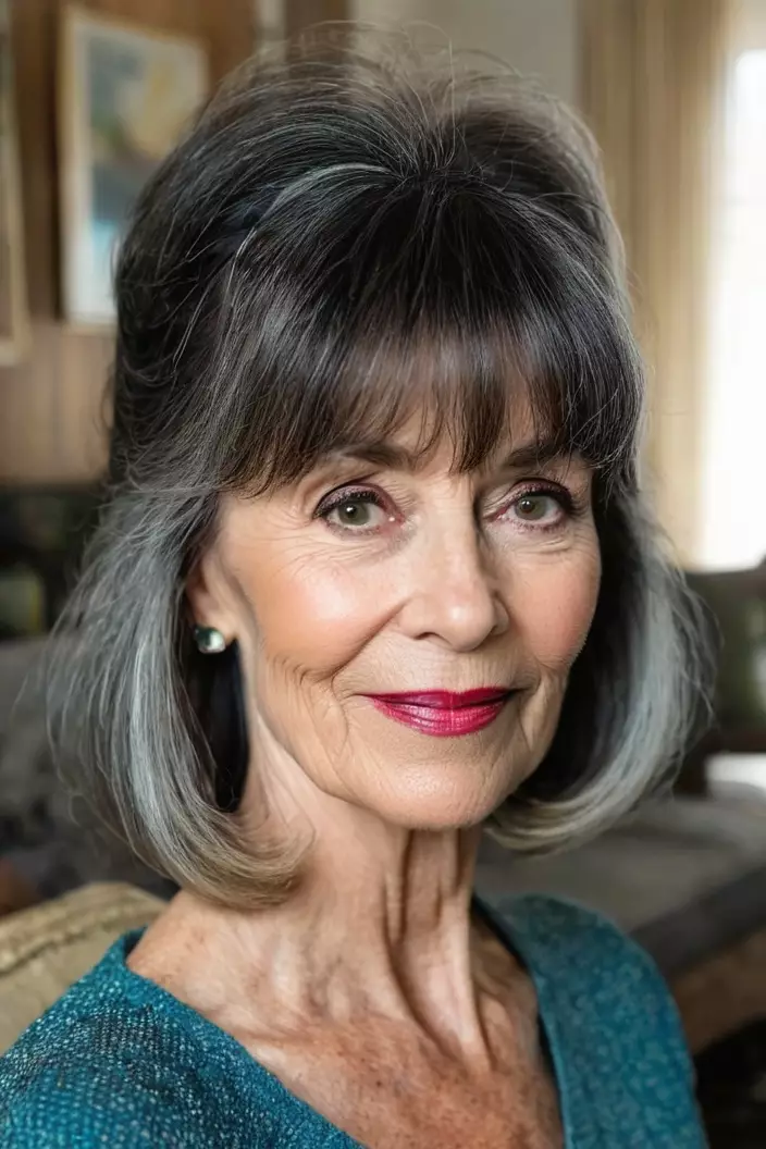 A photo of a 68-year-old Emily, bixie with bangs with fine hair, side view, living room background  