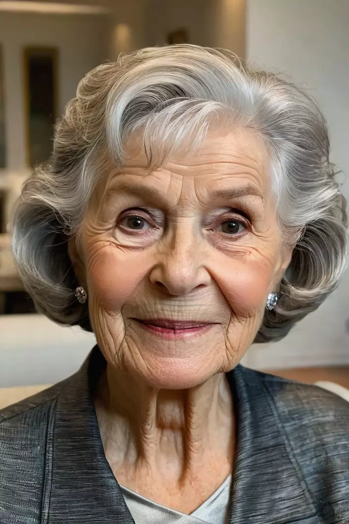A photo of a 73-year-old Ruth, medium-length silver waves, front view, living room background  