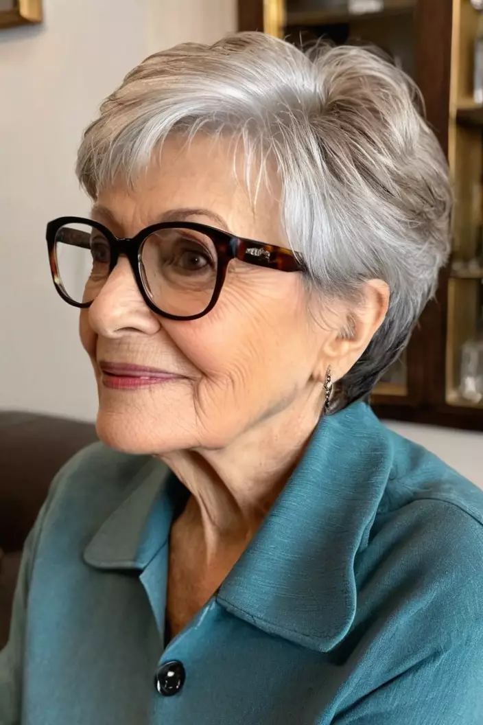 A photo of a 76-year-old Nancy wearing glasses, short layers with balayage highlights, side view, living room background  