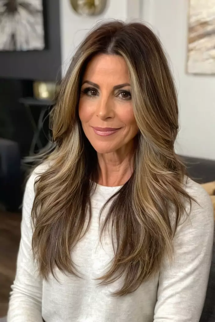 A photo of a 42-year-old Samantha, long highlighted layers for thick hair, living room background  