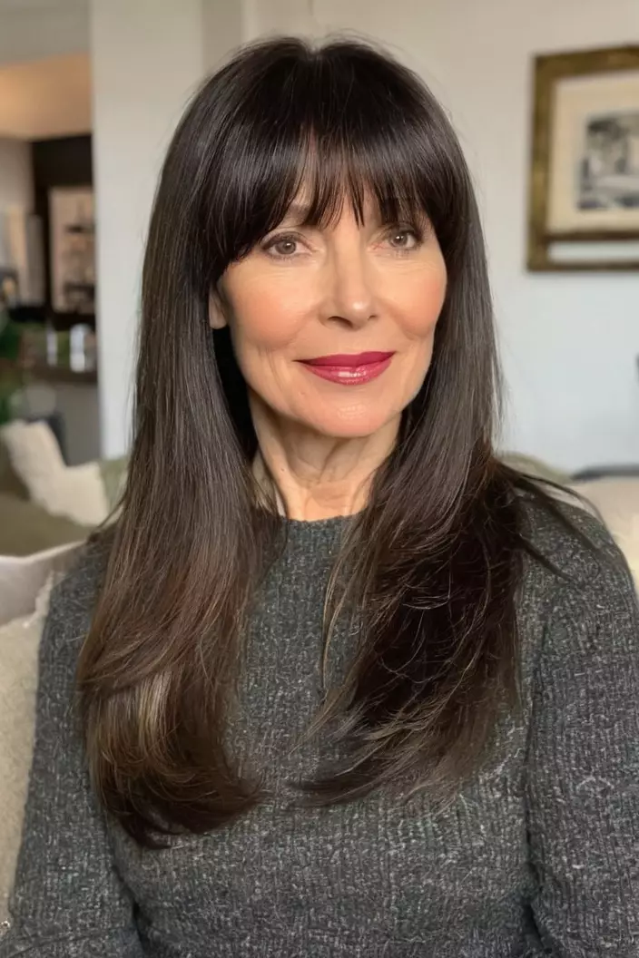 A photo of a 44-year-old Kathleen, long layers with full bangs for thick hair, living room background  