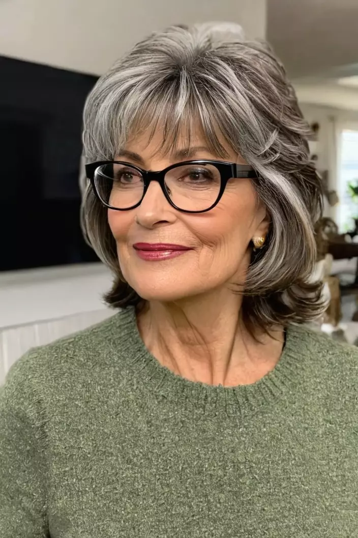 A photo of a 61-year-old Denise wearing glasses, piecey layers with bangs, side view, living room background  