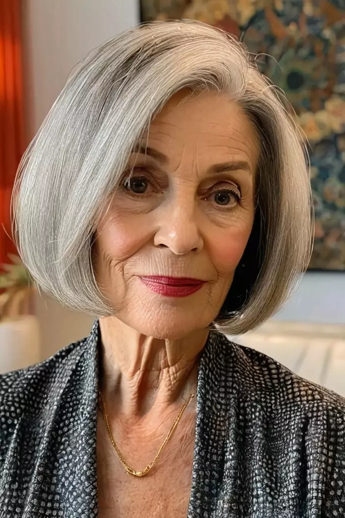 A photo of a 64-year-old Roberta, blunt bob with fine hair, front view, living room background  