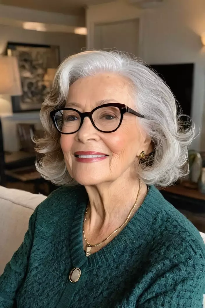 A photo of a 74-year-old Michelle wearing glasses, chin-length waves, side view, living room background  
