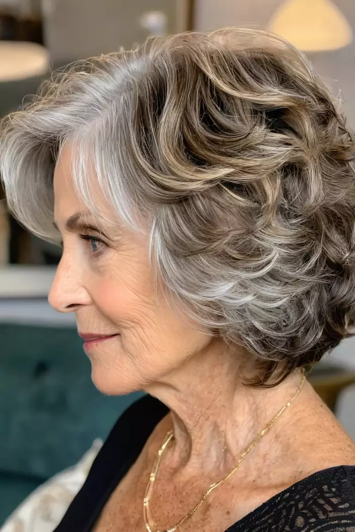 A photo of a 63-year-old Linda, textured wavy bob, side view, living room background  