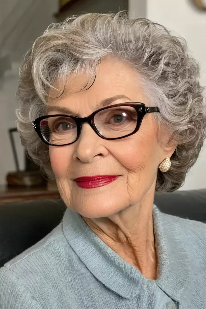 A photo of a 72-year-old Ruby wearing glasses, short curls, side view, living room background  