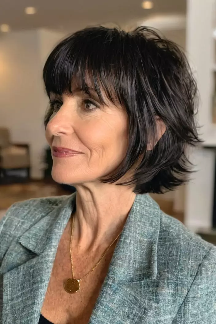 A photo of a 53-year-old Amy, short shaggy cut with bangs, side view, living room background  