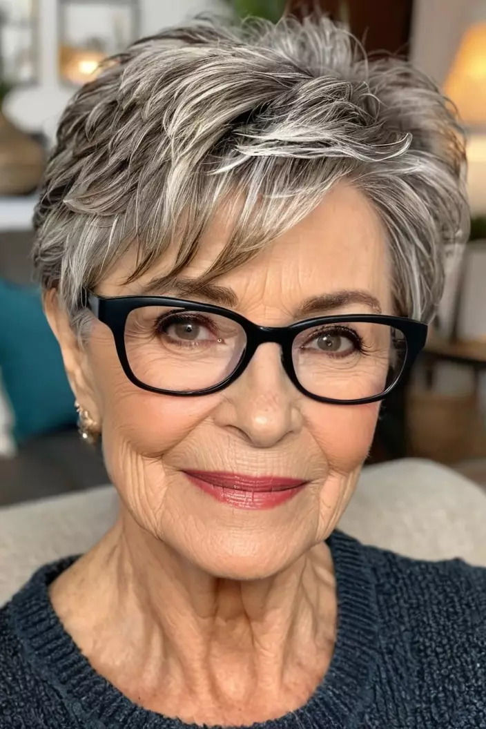 A photo of a 68-year-old Ellen wearing glasses, textured pixie with side-swept bangs, angled view, living room background  