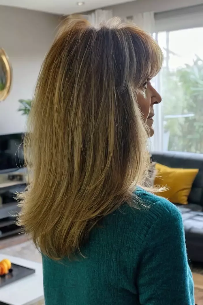 Shaggy Layers With Full Bangs A photo of a 62-year-old Barbara, shaggy layers with full bangs, back view, living room background