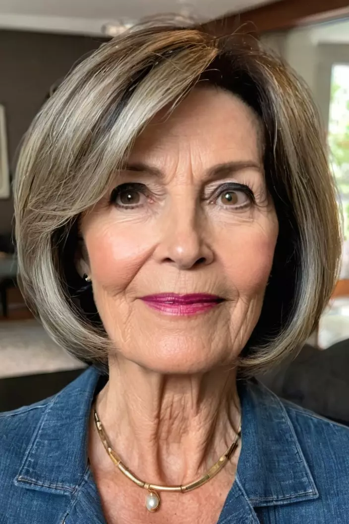 A photo of a 57-year-old Patricia, face-framing bob, front view, living room background  