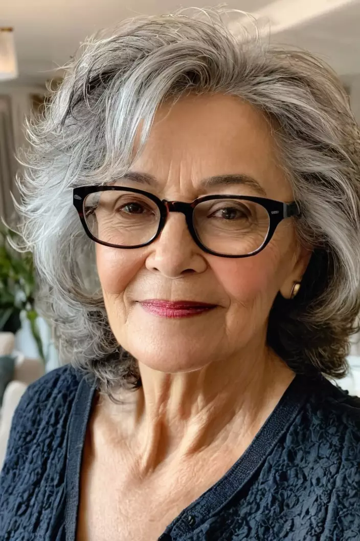 A photo of a 60-year-old Wanda wearing glasses, tousled layers, side view, living room background  