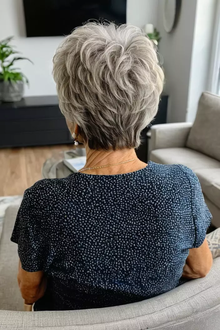 Short Textured Shag A photo of a 63-year-old Susan, short textured shag, back view, living room background