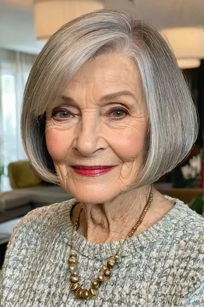 A photo of a 75-year-old Judith, jaw-length bob hairstyle, front view, living room background  