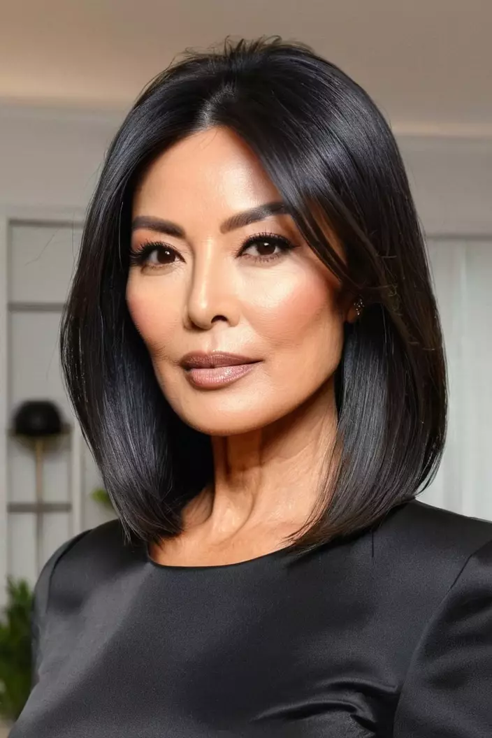 A photo of a 54-year-old Kim, Sleek and Straight hairstyle, front view, living room background  
