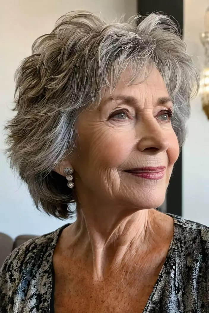 Textured Tousled Shag A photo of a 65-year-old Helen, textured tousled shag, angled view, living room background