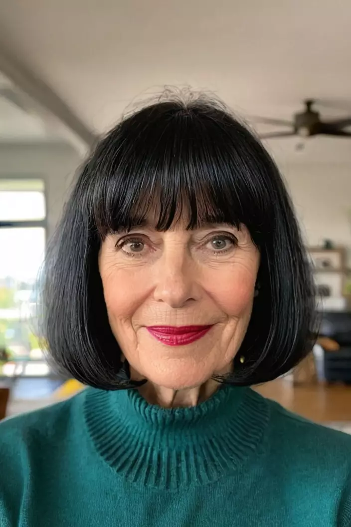 A photo of a 58-year-old Helen, Bob with Bangs, front view, living room background  