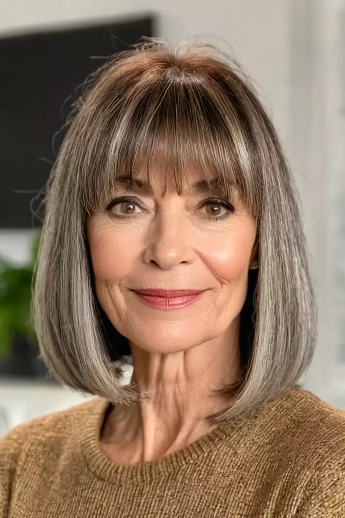 A photo of a 53-year-old Lisa, Lob with Bangs for Fine Hair, front view, living room background  