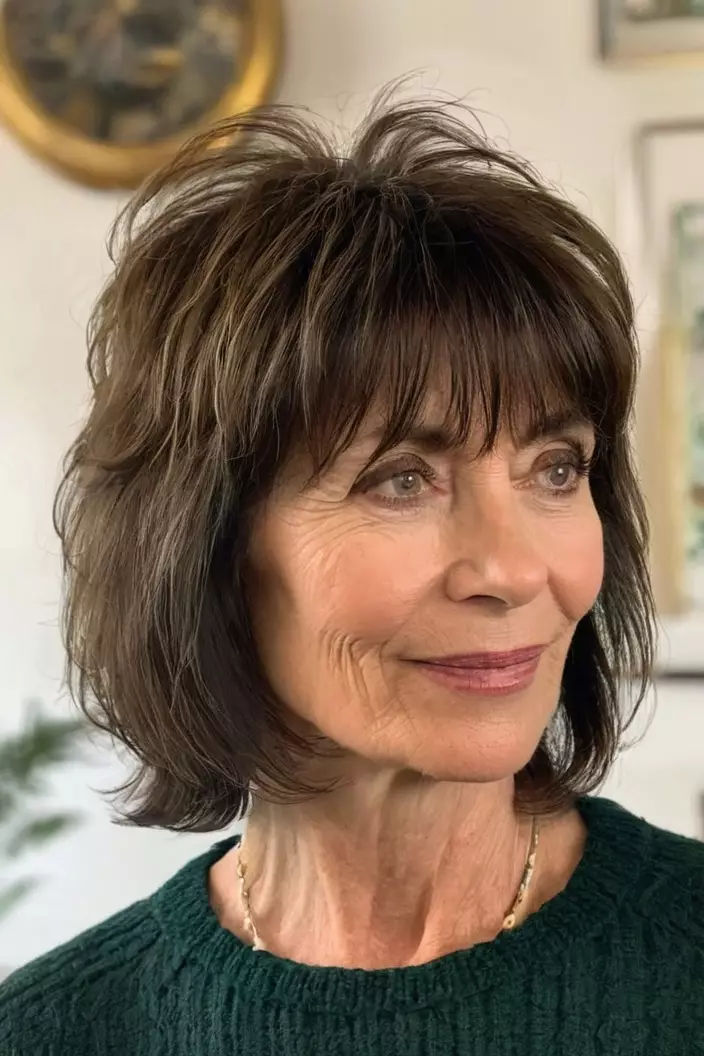 A photo of a 52-year-old Anne, Shaggy Cut with Piecey Fringe, side view, living room background  