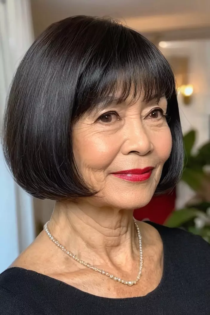 A photo of a 66-year-old Brenda, chin-length bob with side-swept bangs with fine hair, side view, living room background  