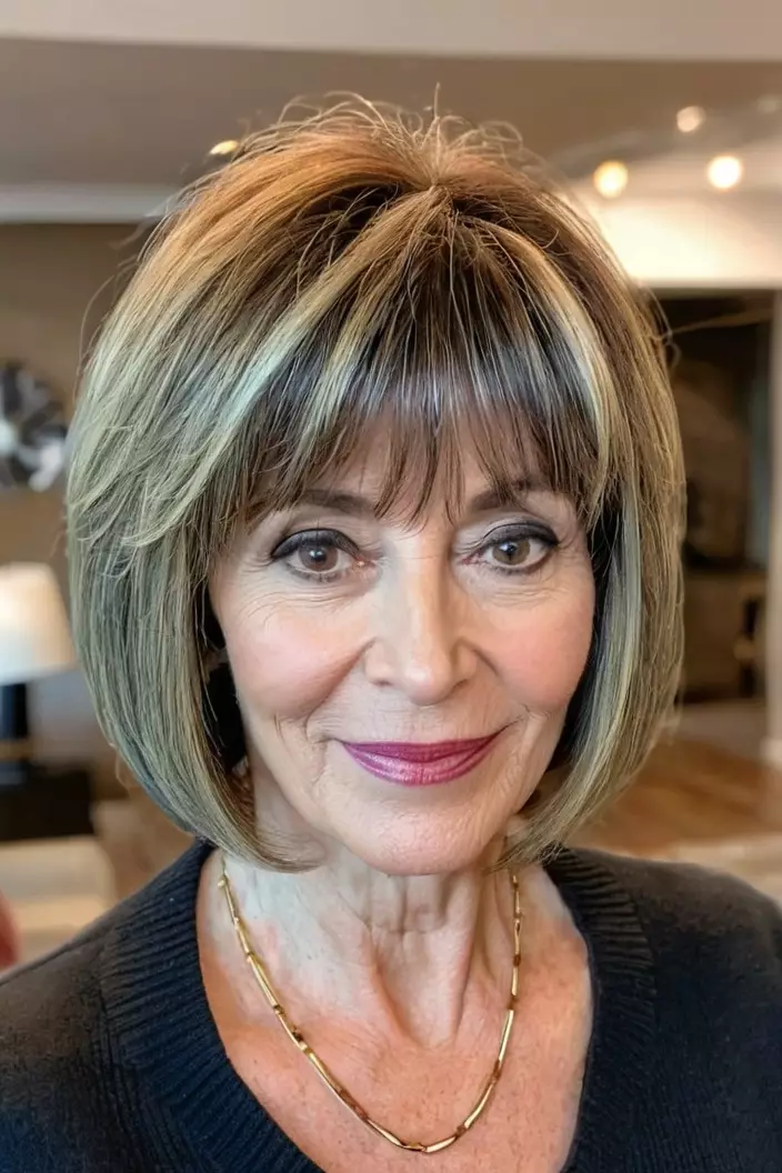 A photo of a 53-year-old Nancy, Layered Bob with Bangs, front view, living room background  
