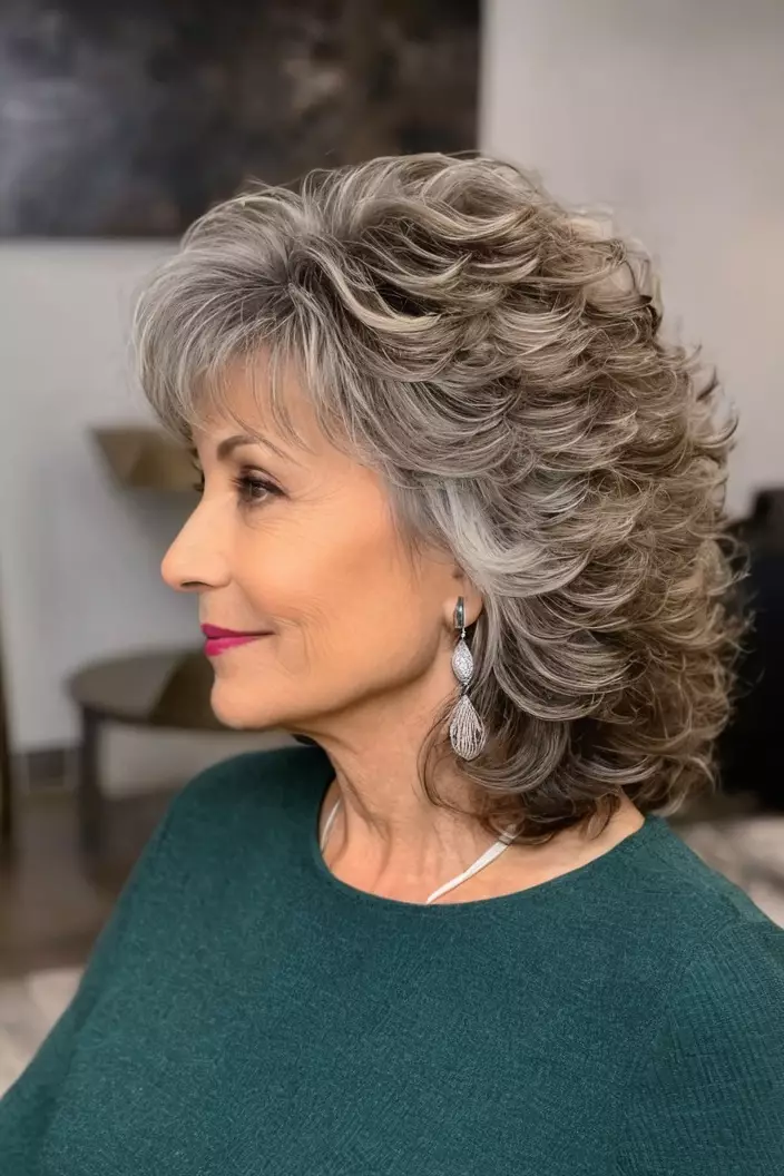 A photo of a 52-year-old Linda, layered curls with bangs, side view, living room background  