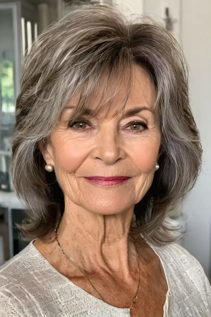 A photo of a 65-year-old Linda, wispy piecey layers for thin hair, front view, living room background  