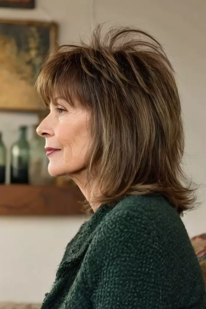 A photo of a 58-year-old Margaret, Shaggy Layers with Bangs, side view, living room background  
