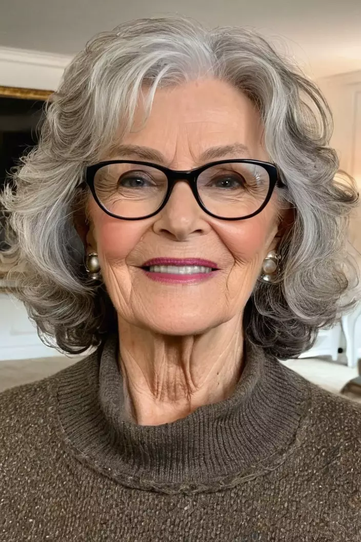 A photo of a 66-year-old Betty wearing glasses, cropped wavy layers, front view, living room background  