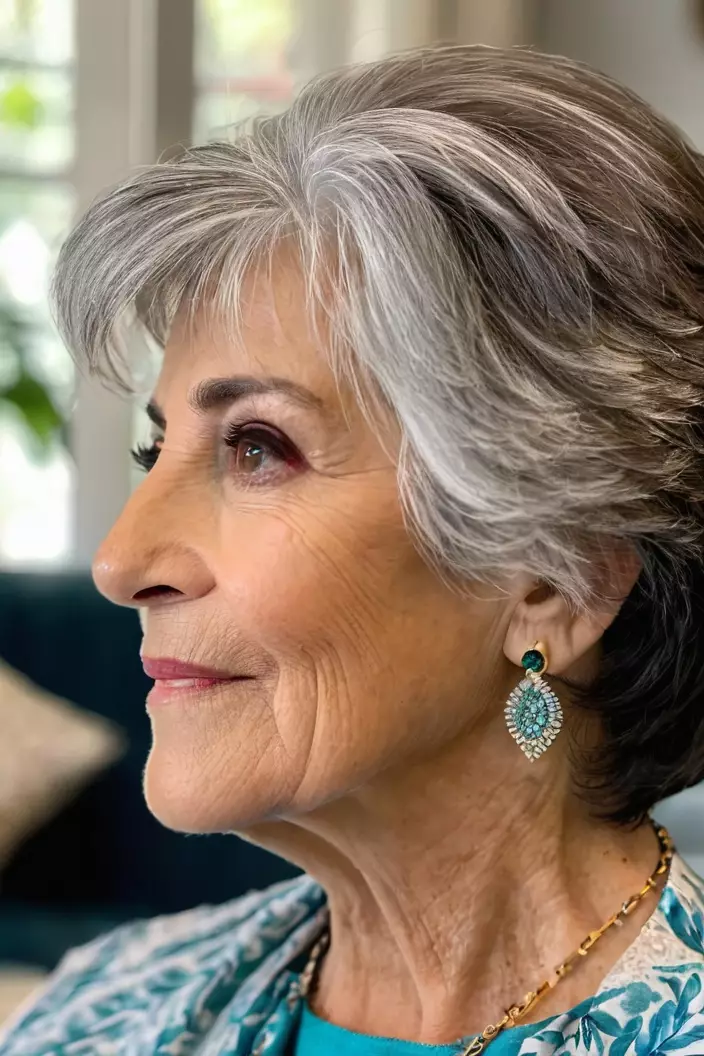 A photo of a 67-year-old Teresa, wedge cut, side view, living room background  