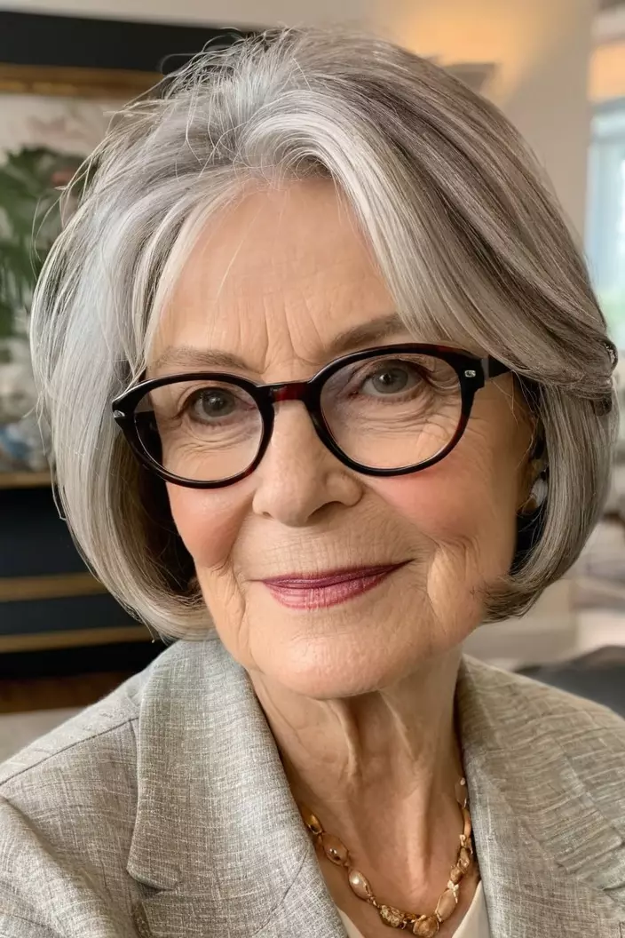 A photo of a 68-year-old Alice wearing glasses, rounded layered bob, angled view, living room background  