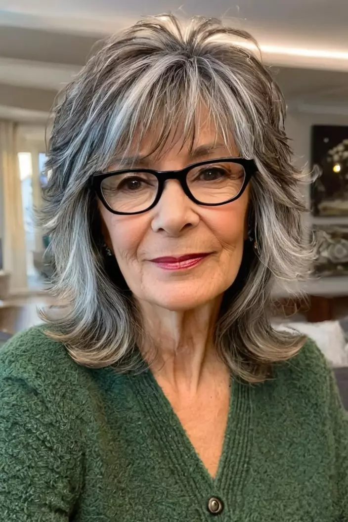 A photo of a 62-year-old Vivian wearing glasses, shaggy layers with side bangs, front view, living room background  