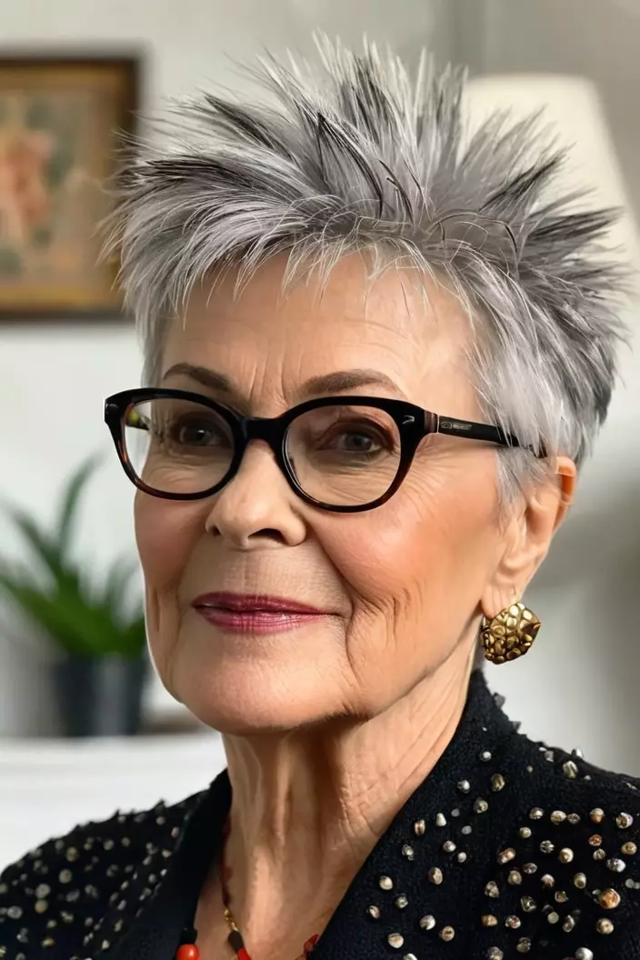 A photo of a 63-year-old Doris wearing glasses, spiky pixie, side view, living room background  