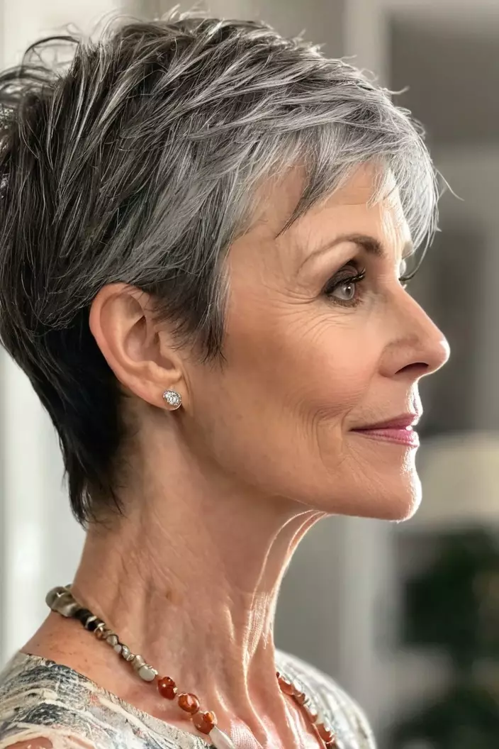 A photo of a 50-year-old Rachel, long pixie, side view, living room background  