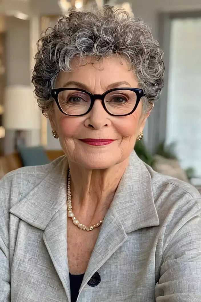 A photo of a 72-year-old Janet wearing glasses, short curly pixie, front view, living room background  