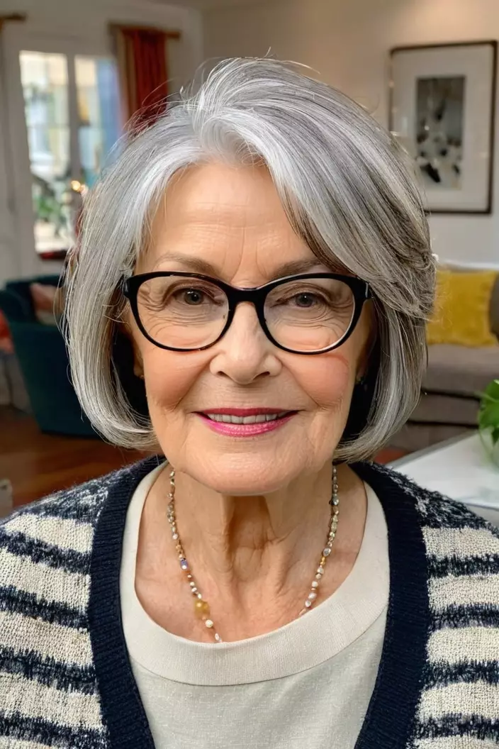 A photo of a 66-year-old Helen wearing glasses, layered bob, front view, living room background  