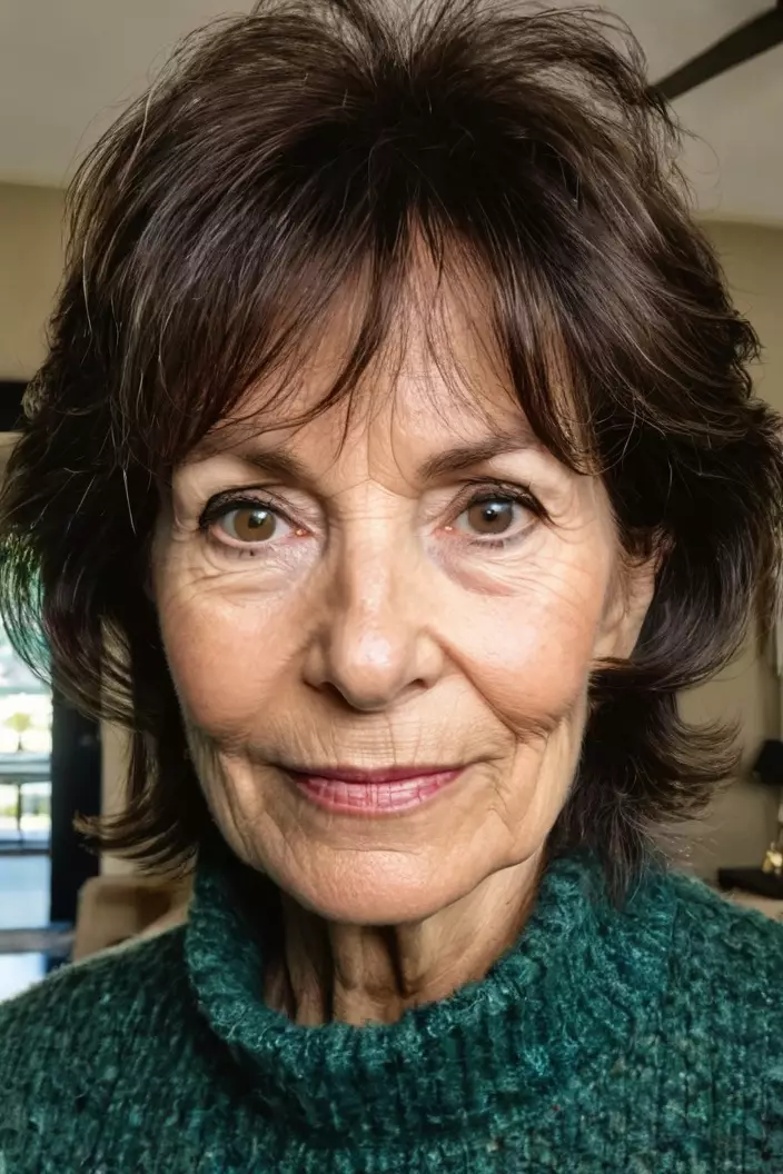 Face-Framing Shaggy Layers A photo of a 62-year-old Victoria, face-framing shaggy layers, front view, living room background