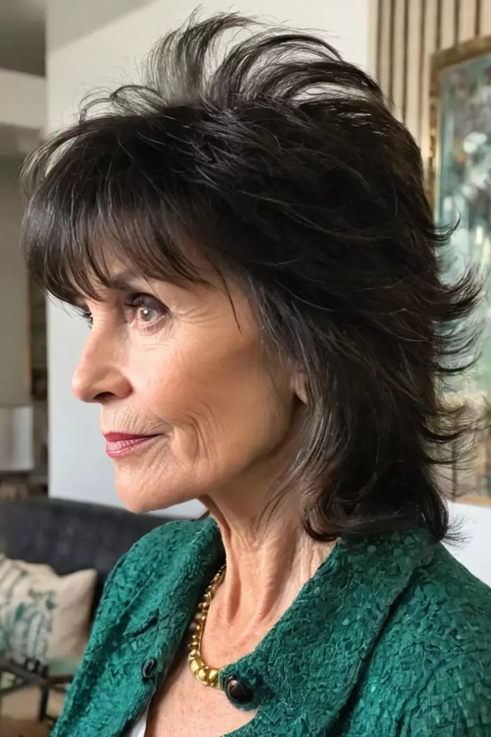 A photo of a 58-year-old Mary, shag with piecey bangs, side view, living room background  