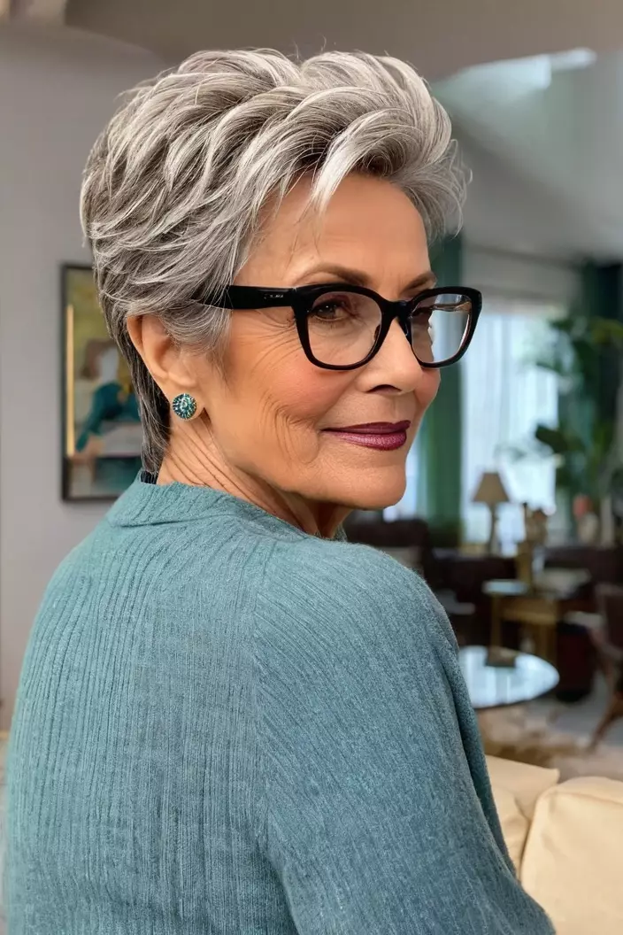 A photo of a 62-year-old Linda wearing glasses, voluminous swept back pixie, back view, living room background  