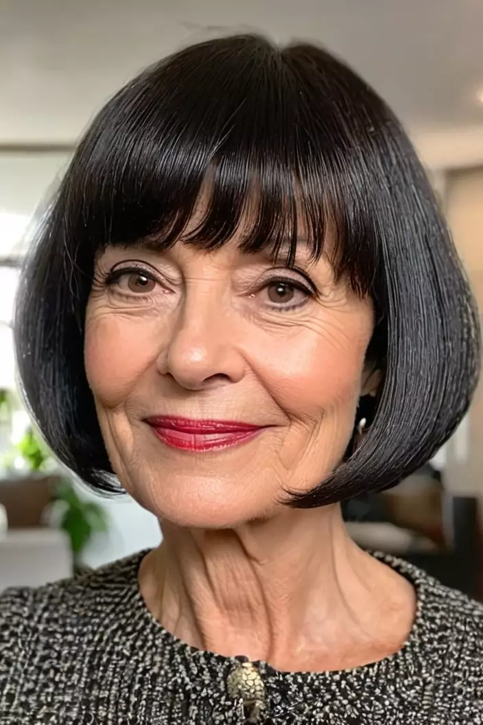 A photo of a 55-year-old Nancy, Rounded Bob with Bangs, front view, living room background  