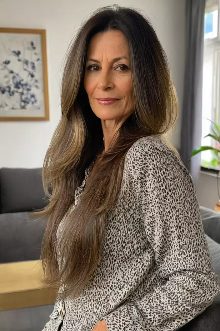 A photo of a 48-year-old Claudia, long layers for thick hair, living room background  