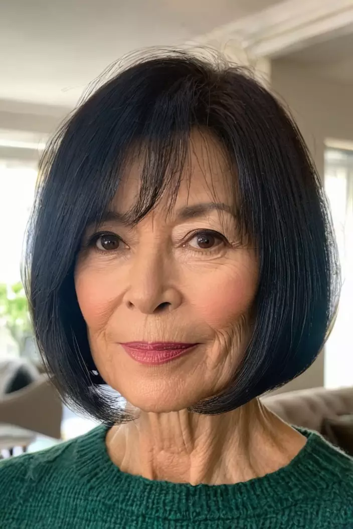 A photo of a 57-year-old Sarah, Chin-Length Bob, front view, living room background  