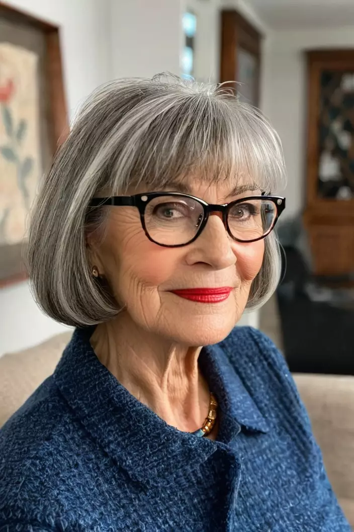 A photo of a 63-year-old Georgia wearing glasses, bob with bangs, side view, living room background  