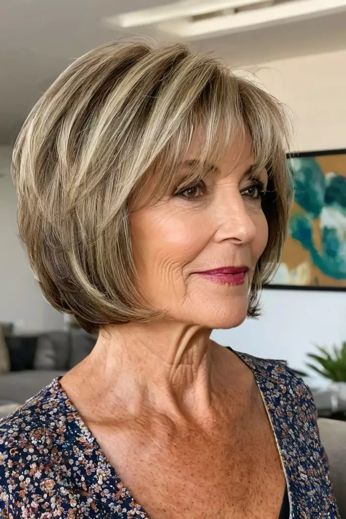A photo of a 61-year-old Faye, layered bob, side view, living room background  