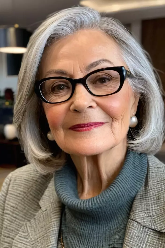 A photo of a 67-year-old Patricia wearing glasses, sleek layers, angled view, living room background  