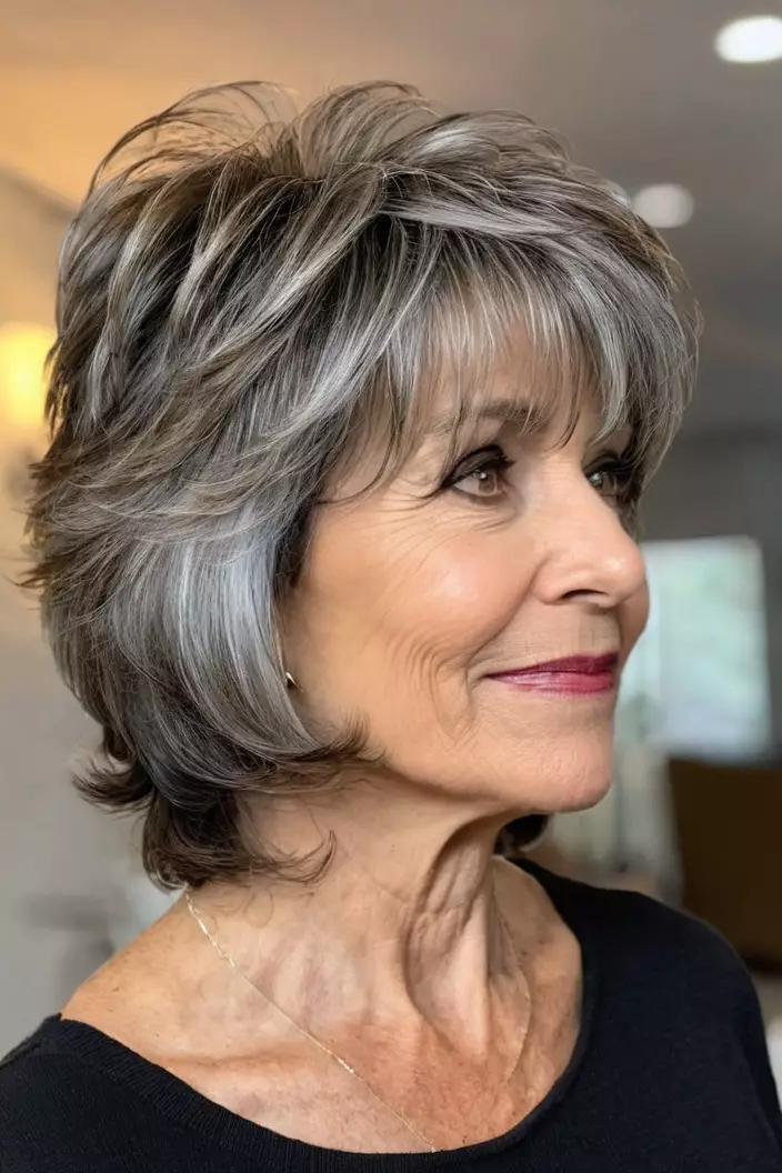 A photo of a 59-year-old Tina, Short Layers with Wispy Bangs, side view, living room background  