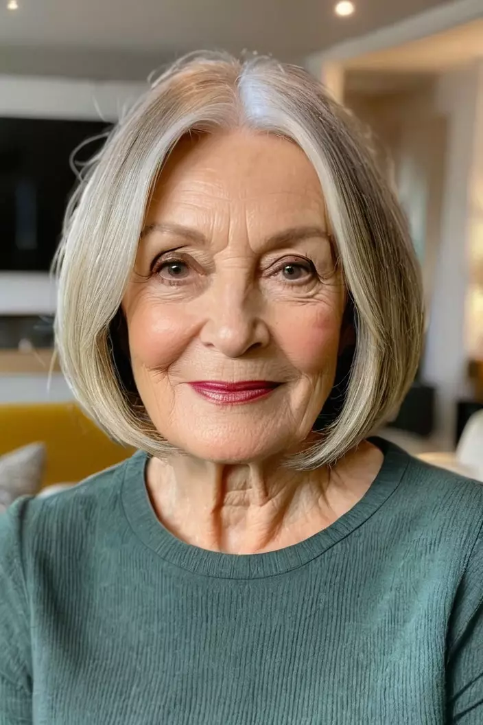 A photo of a 60-year-old Marlene, center-parted bob with fine hair, front view, living room background  