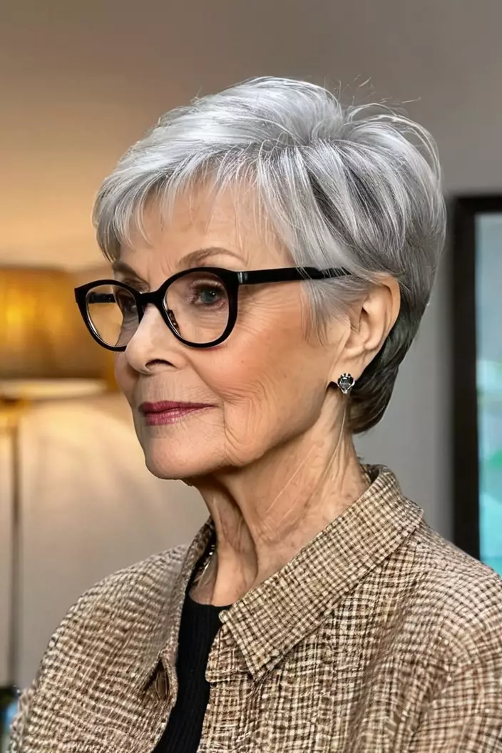 A photo of a 77-year-old Linda wearing glasses, straight pixie with side-parted fringe, back view, living room background  