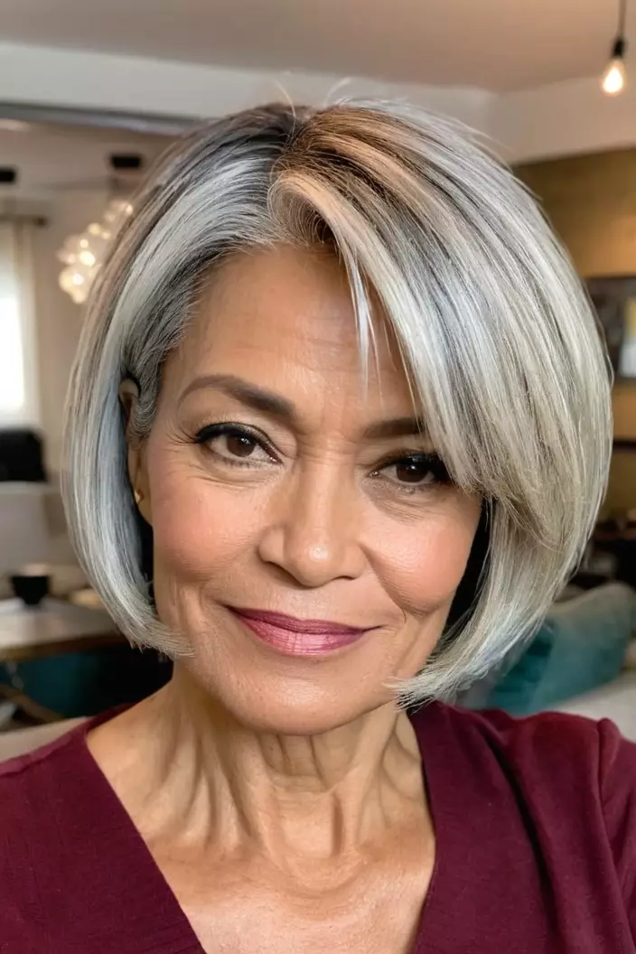 A photo of a 52-year-old Yolanda, Layered Bob, front view, living room background  