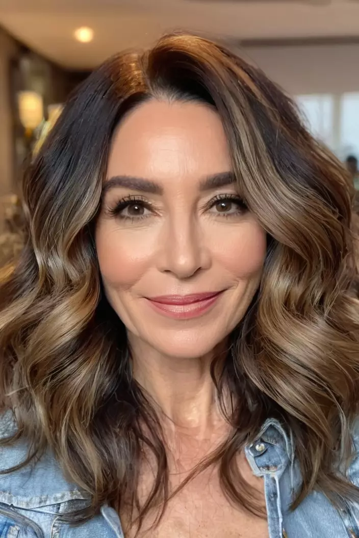 A photo of a 40-year-old Tiffany, shoulder-length waves with center part for thick hair, living room background  